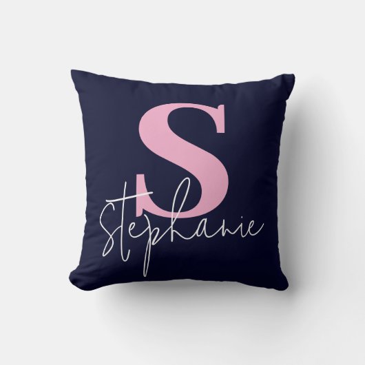 Monogram Lettered Script Navy Pink Throw Pillow クッション (正面)