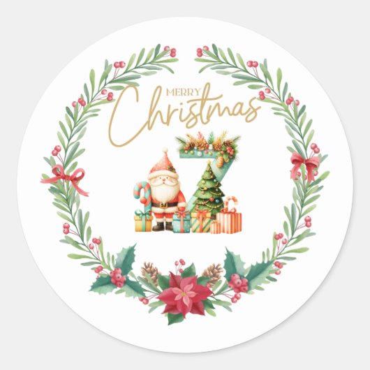 Monogram letterZ, Christmasリースw/サンタクロース ラウンドシール (正面)