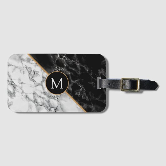 Monogram Luggage Tag Black White Marble Stone ラゲッジタグ (正面横)