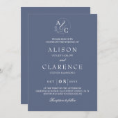 Monogram Luxury Blue Wedding 招待状 (正面/裏面)