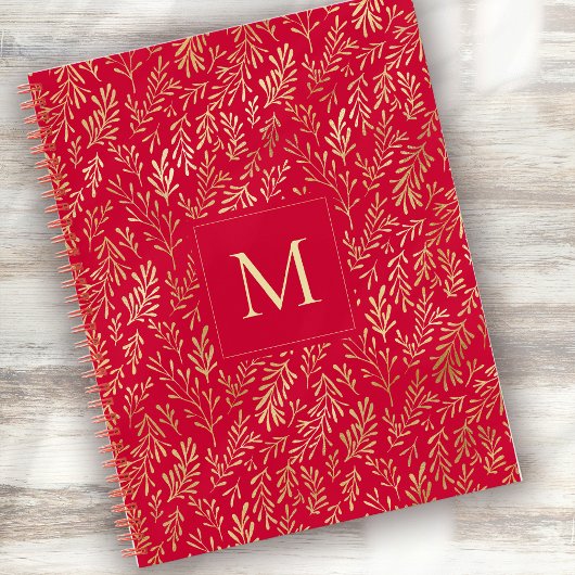 Monogram Luxury Red Gold Leaf Pattern Festive ノートブック