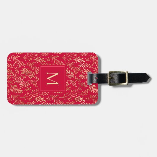 Monogram Luxury Red Gold Leaf Pattern Festive ラゲッジタグ (正面横)