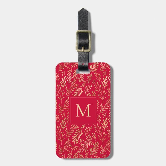 Monogram Luxury Red Gold Leaf Pattern Festive ラゲッジタグ (正面縦)