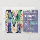 Monogram M Colorful Watercolor Flowers Birthday 招待状 (正面)