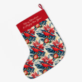 Monogram Merry Christmas Happy New Year! Red Bird ラージクリスマスストッキング (裏面 (吊り時))