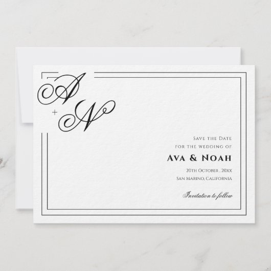 Monogram Minimal Classic Wedding Save the Date 招待状 (正面)