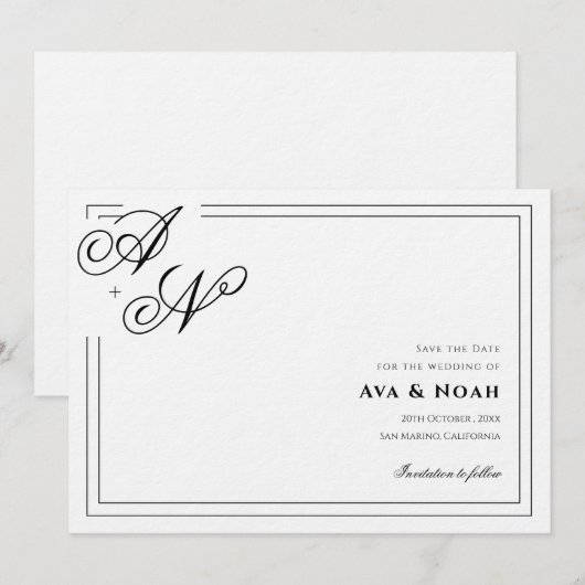 Monogram Minimal Classic Wedding Save the Date 招待状 (正面/裏面)