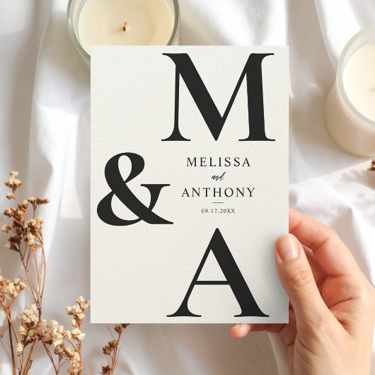 Monogram Minimalist Black and Ecru Modern Wedding 招待状