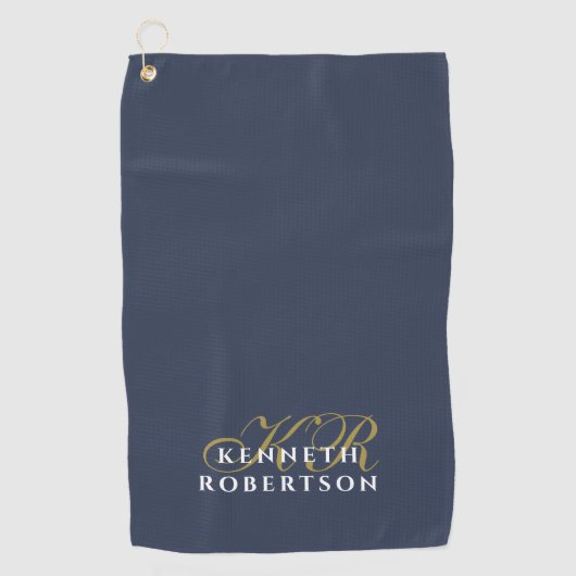 Monogram Minimalist Dusty Navy Blue Gold White Men ゴルフタオル (正面)