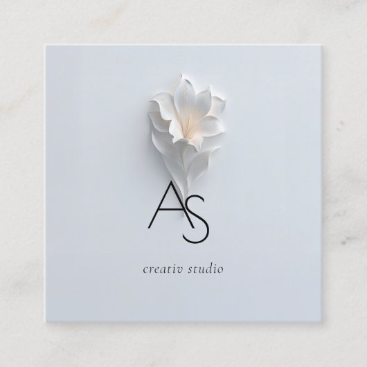 Monogram Minimalist Floral White Blue スクエア名刺 (正面)