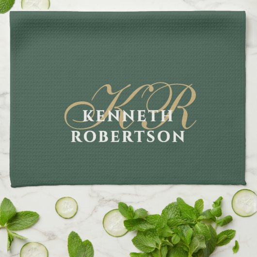  Monogram Minimalist Green Gold White Stylish Men  キッチンタオル (折り畳み)