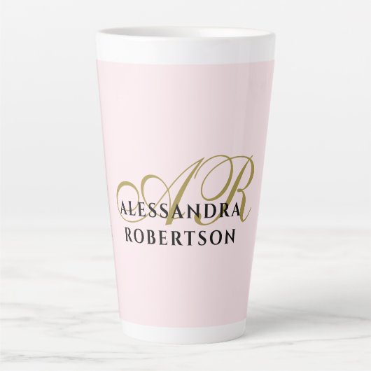 Monogram Minimalist Pastel Pink Gold Black Name  カフェラテマグ (正面)