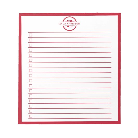 Monogram Minimalist Red Name To Do List ノートパッド (正面)