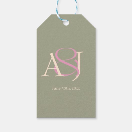 Monogram Minimalist Sage Green & Rose Pink Wedding ギフトタグ (正面)