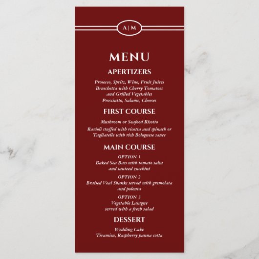 Monogram Modern Burgundy Christian Wedding Menu メニュー (正面)