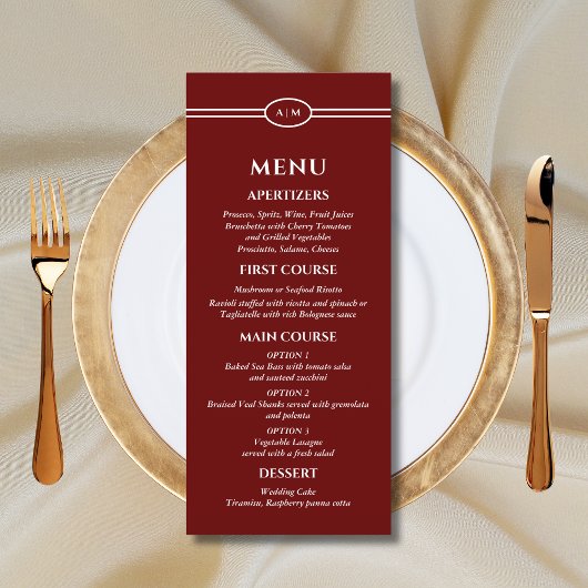 Monogram Modern Burgundy Wedding Menu メニュー