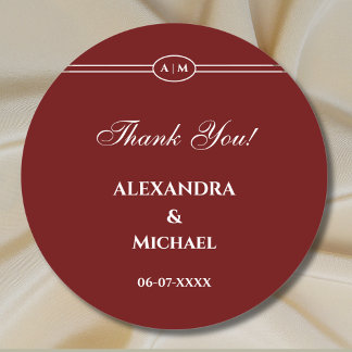 Monogram Modern Burgundy Wedding Thank You ラウンドシール