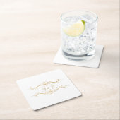 Monogram Modern Elegant Gold Swirl Wedding スクエアペーパーコースター (インサイチュ)