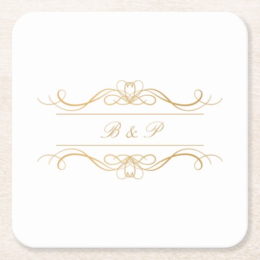 Monogram Modern Elegant Gold Swirl Wedding スクエアペーパーコースター (正面)