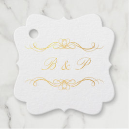 Monogram Modern Elegant Hearts Swirl Wedding Gold フェイバータグ