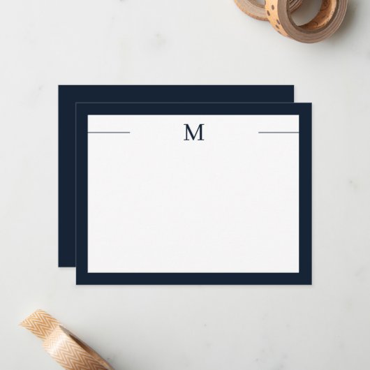 Monogram Modern Frame Navy White Flat Note Card ノートカード (正面/裏面インサイチュ)