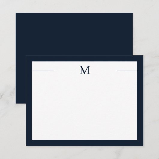 Monogram Modern Frame Navy White Flat Note Card ノートカード (正面/裏面)