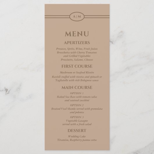 Monogram Modern Taupe Christian Wedding Menu メニュー (正面)