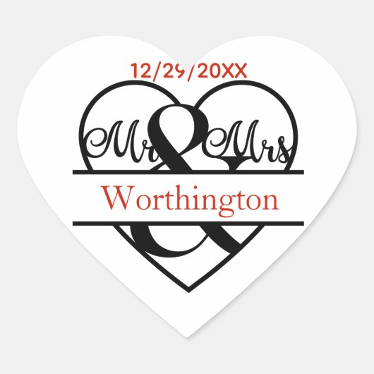 Monogram Mr.And Mrs.結婚式の引き出物・ステッカー ハートシール (正面)