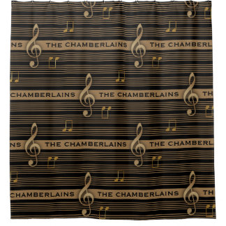 Monogram Muddy Brown Gold Treble Clef and Notes シャワーカーテン