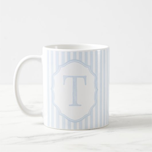 Monogram Mug Letter T, Blue Striped コーヒーマグカップ (左)