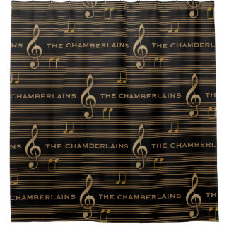 Monogram Muted Gold Treble Clef and Notes シャワーカーテン