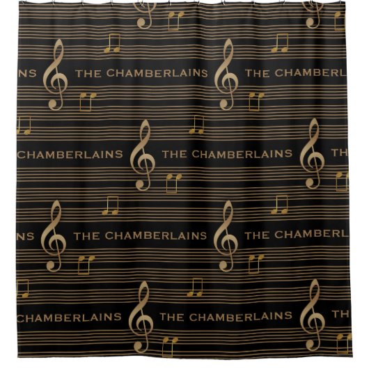 Monogram Muted Gold Treble Clef and Notes シャワーカーテン (正面)