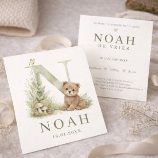 Monogram N Beer Bosdier Waterverf Geboortekaartje カード