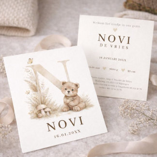 Monogram N Beer Neutraal Woodland Geboortekaartje カード