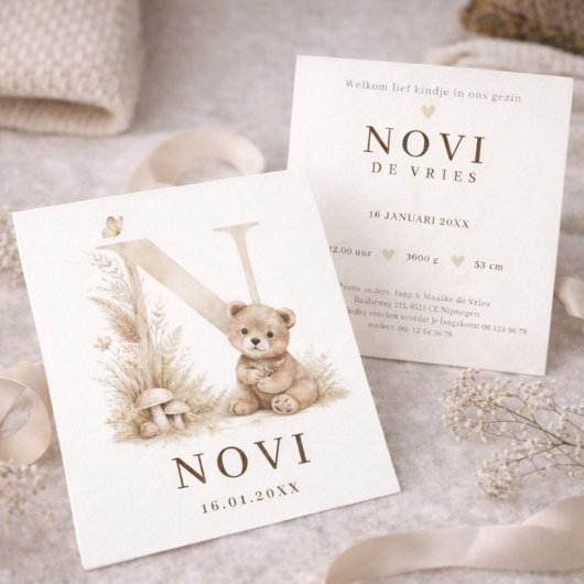 Monogram N Beer Neutraal Woodland Geboortekaartje カード