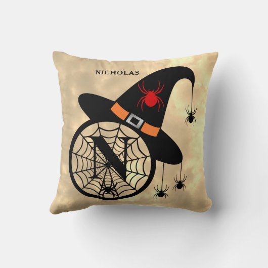 Monogram N Halloween Sky Witch Spiders Name クッション (裏面)