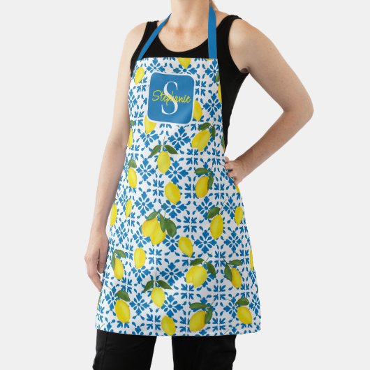 Monogram Name Blue French Tile Lemon Pattern エプロン (インサイチュ)