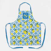Monogram Name Blue French Tile Lemon Pattern  エプロン (正面)