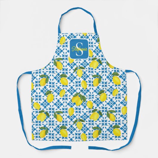 Monogram Name Blue French Tile Lemon Pattern エプロン (正面)