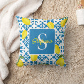 Monogram Name Blue French Tile Lemon Pattern  クッション (ブランケット)