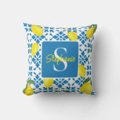 Monogram Name Blue French Tile Lemon Pattern  クッション (正面)