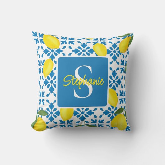 Monogram Name Blue French Tile Lemon Pattern  クッション (正面)