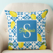 Monogram Name Blue French Tile Lemon Pattern  クッション