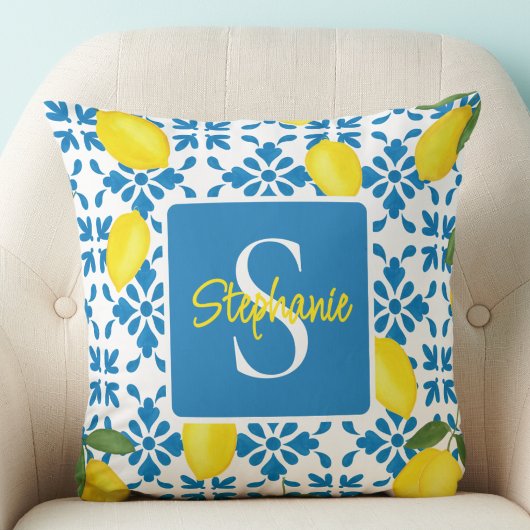 Monogram Name Blue French Tile Lemon Pattern  クッション