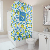 Monogram Name Blue French Tile Lemon Pattern  シャワーカーテン (インサイチュ)