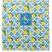 Monogram Name Blue French Tile Lemon Pattern  シャワーカーテン (正面)
