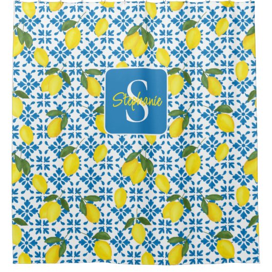 Monogram Name Blue French Tile Lemon Pattern  シャワーカーテン (正面)