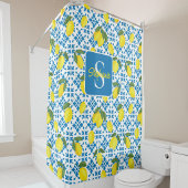 Monogram Name Blue French Tile Lemon Pattern  シャワーカーテン