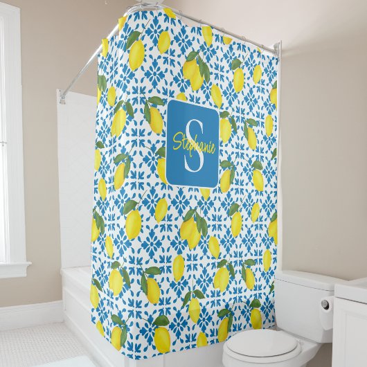 Monogram Name Blue French Tile Lemon Pattern  シャワーカーテン