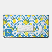 Monogram Name Blue French Tile Lemon Pattern デスクマット (キーボード&マウス)